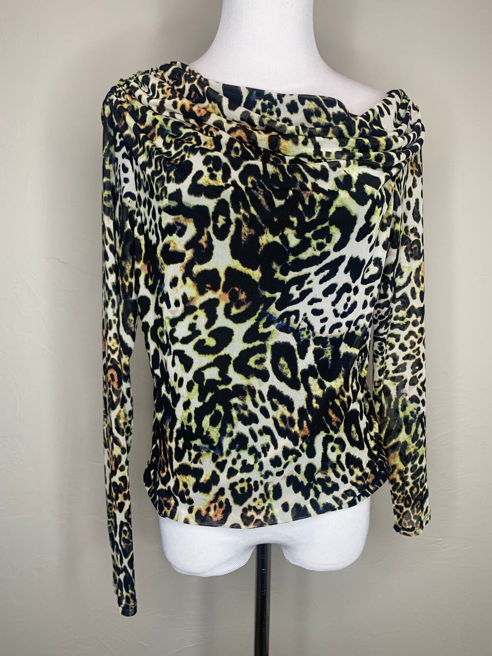AFRM Leopard Mesh Double Layer Top Boat Neck Sz Large